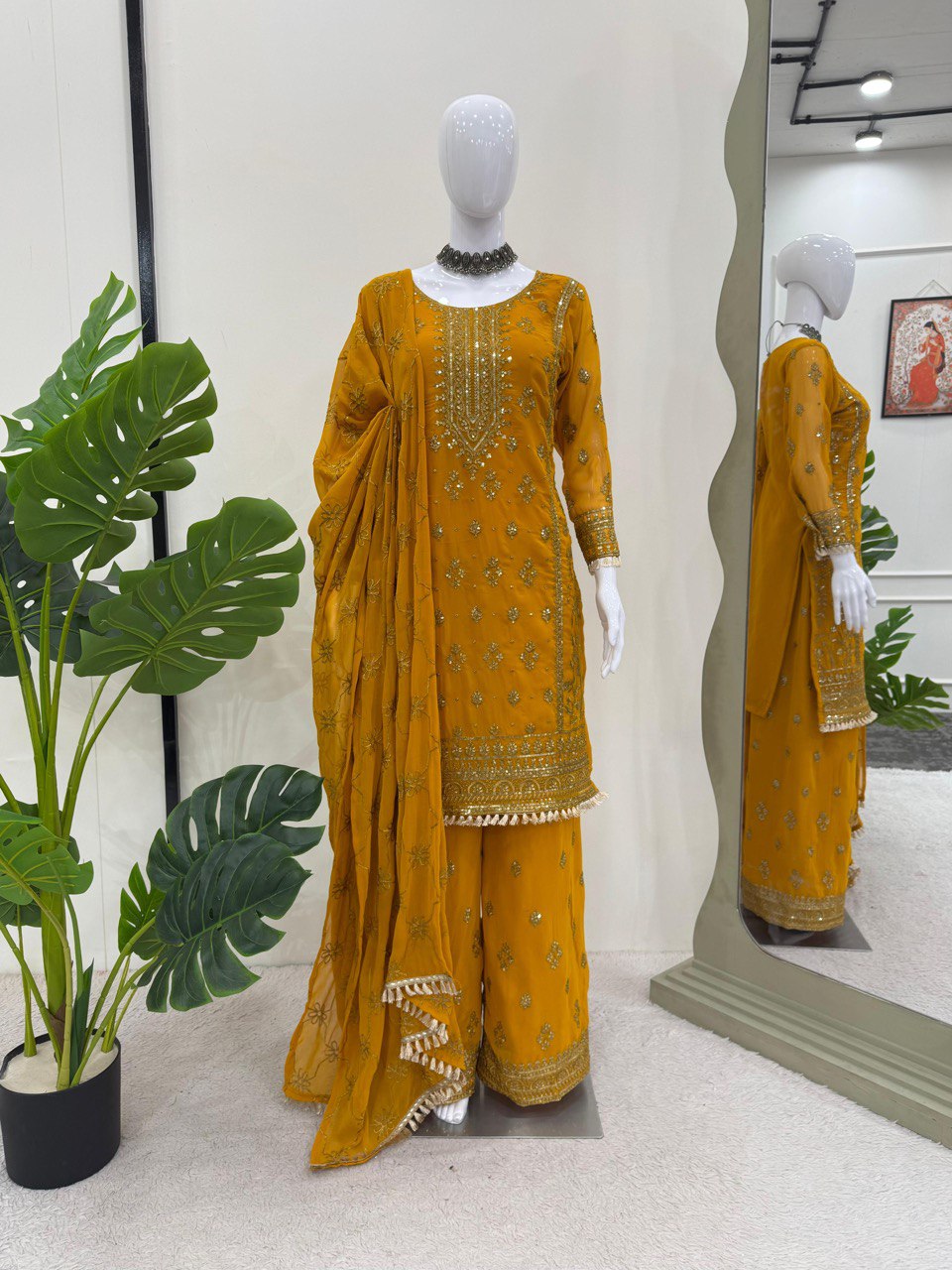 Yellow Elegant Faux Georgette Embroidered Plazo Set