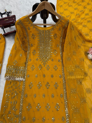 Yellow Elegant Faux Georgette Embroidered Plazo Set