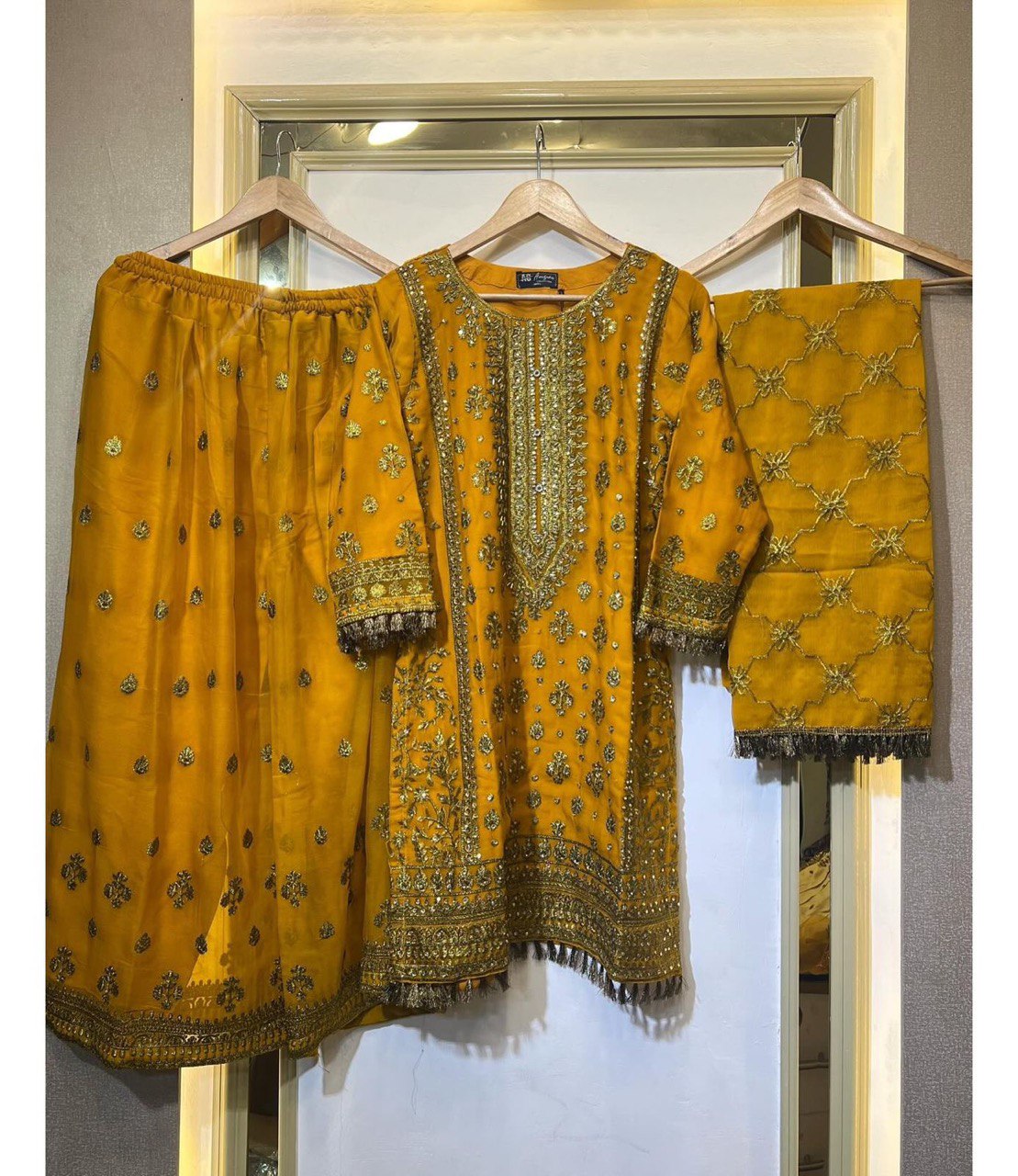 Yellow Elegant Faux Georgette Embroidered Plazo Set