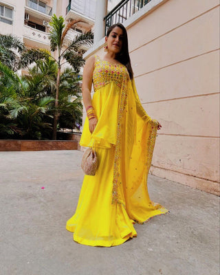 Yellow Elegant Faux Georgette Embroidered Three-Piece Set