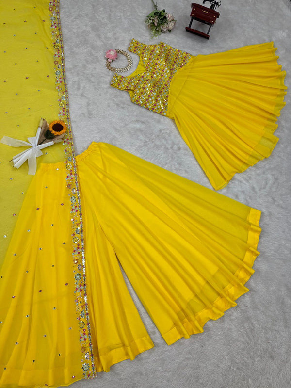 Yellow Elegant Faux Georgette Embroidered Three-Piece Set