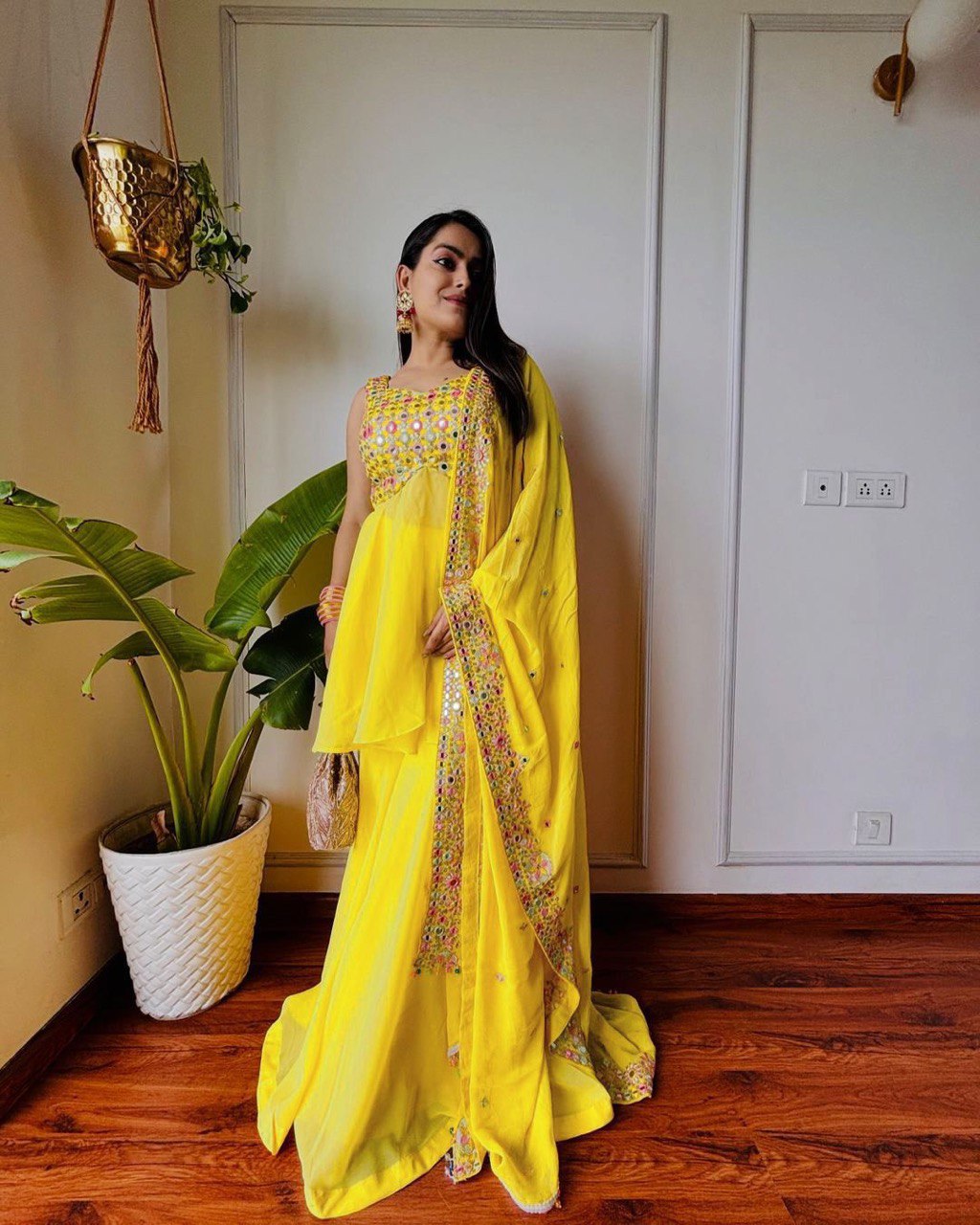 Yellow Elegant Faux Georgette Embroidered Three-Piece Set