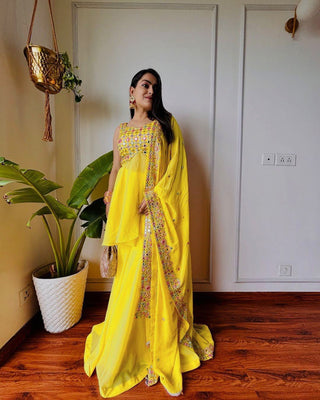 Yellow Elegant Faux Georgette Embroidered Three-Piece Set