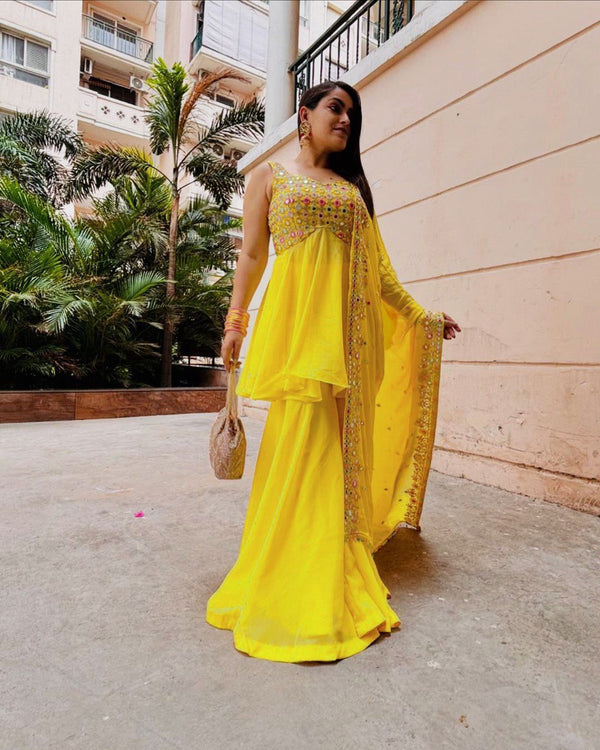 Yellow Elegant Faux Georgette Embroidered Three-Piece Set