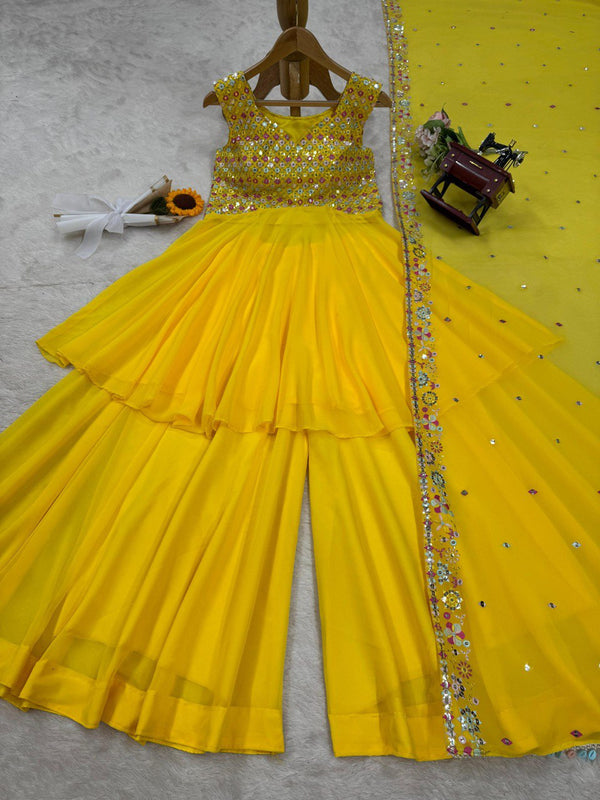 Yellow Elegant Faux Georgette Embroidered Three-Piece Set