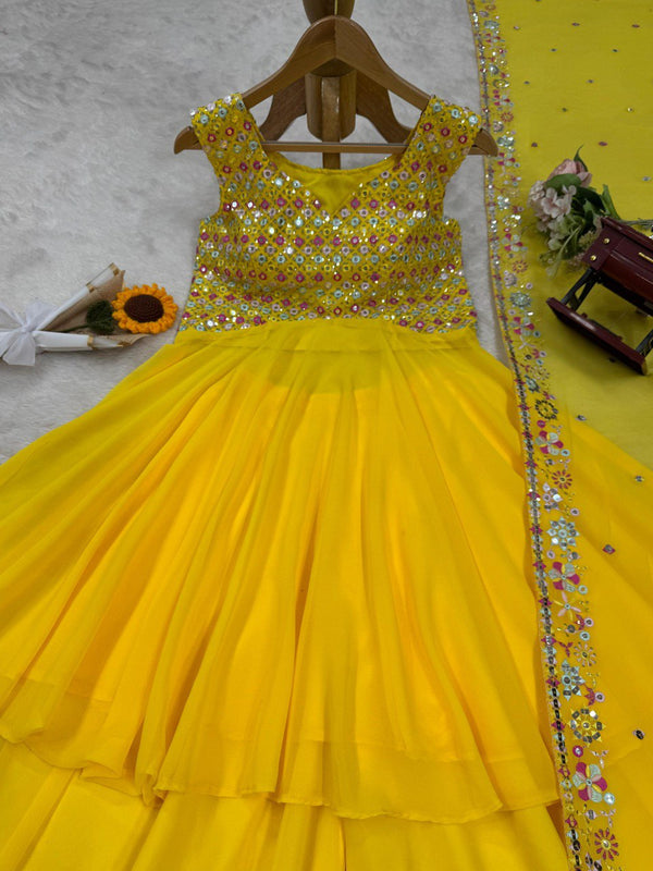 Yellow Elegant Faux Georgette Embroidered Three-Piece Set