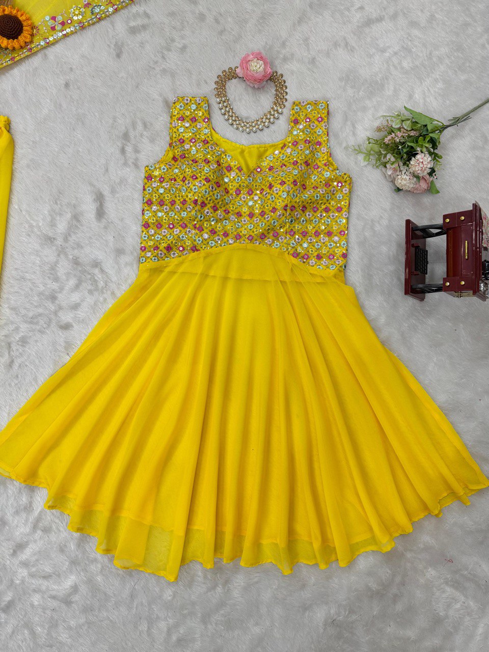 Yellow Elegant Faux Georgette Embroidered Three-Piece Set