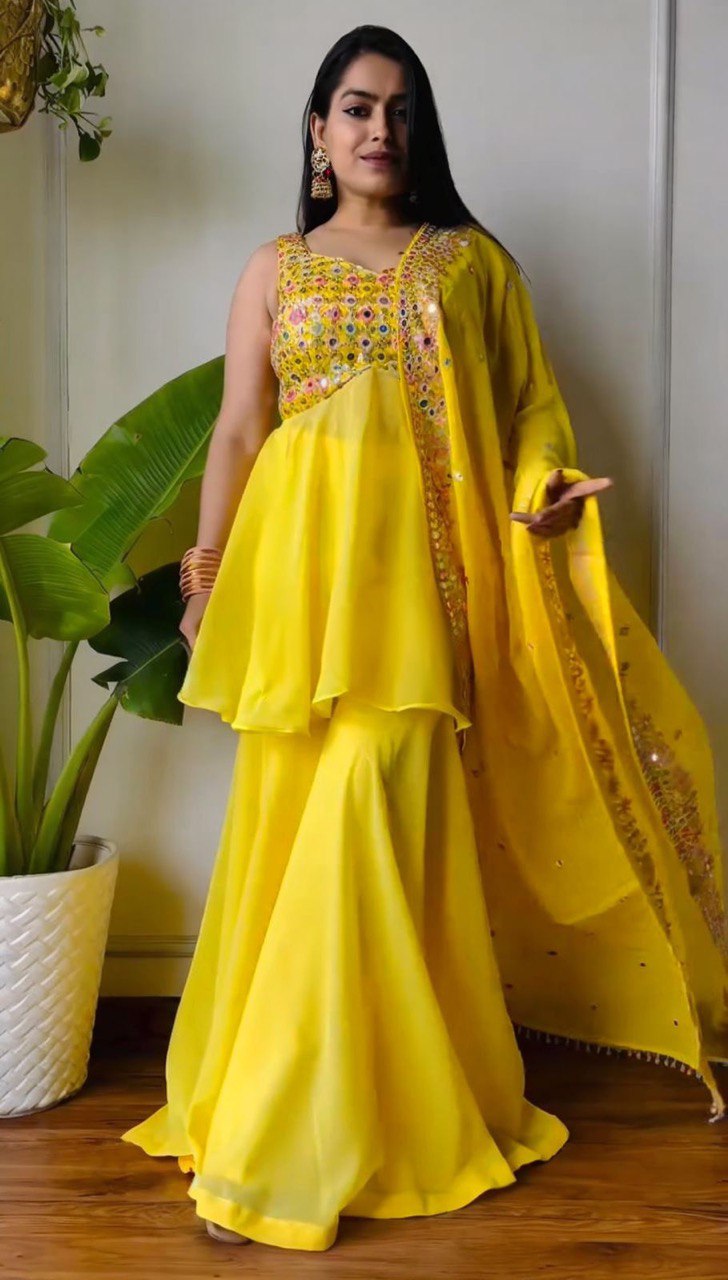 Yellow Elegant Faux Georgette Embroidered Three-Piece Set Main image