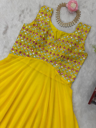 Yellow Elegant Faux Georgette Embroidered Three-Piece Set
