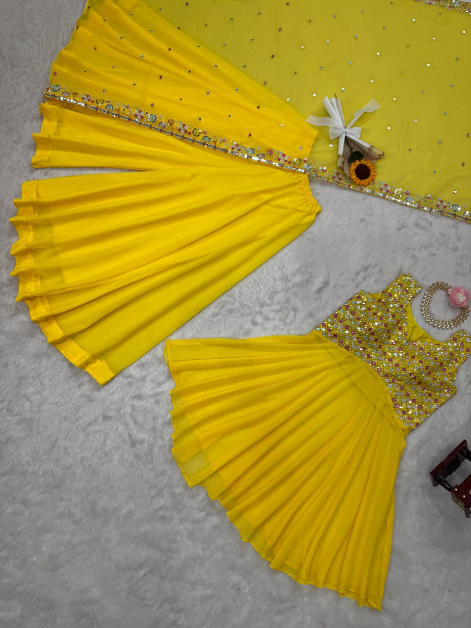 Yellow Elegant Faux Georgette Embroidered Three-Piece Set