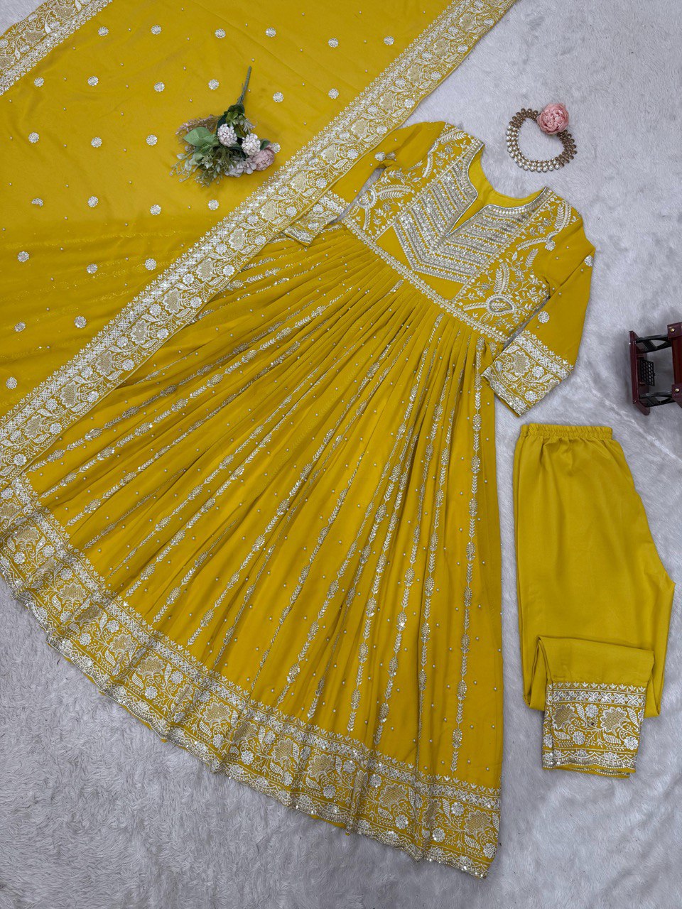 Yellow Elegant Faux Georgette Thread & Sequin Embellished Suit Set with Rivet Moti Detailing ClothsVilla