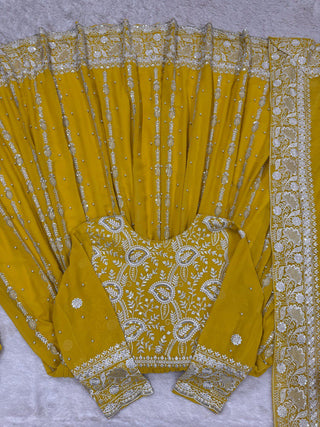 Yellow Elegant Faux Georgette Thread & Sequin Embellished Suit Set with Rivet Moti Detailing ClothsVilla