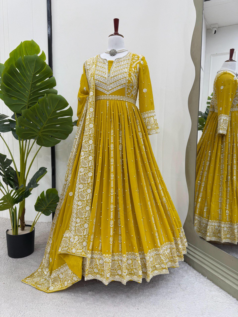Yellow Elegant Faux Georgette Thread & Sequin Embellished Suit Set with Rivet Moti Detailing ClothsVilla