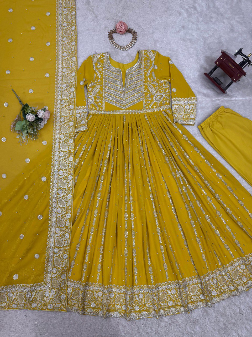 Yellow Elegant Faux Georgette Thread & Sequin Embellished Suit Set with Rivet Moti Detailing ClothsVilla