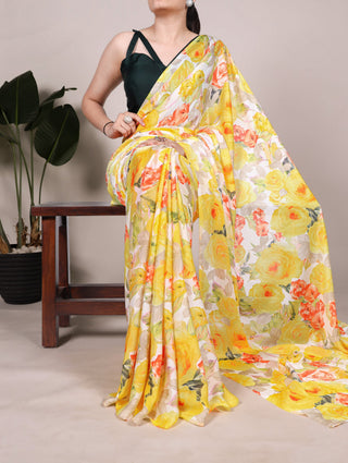 Yellow Elegant Floral Printed Dull Satin Saree with Moonga Silk Blouse ClothsVilla