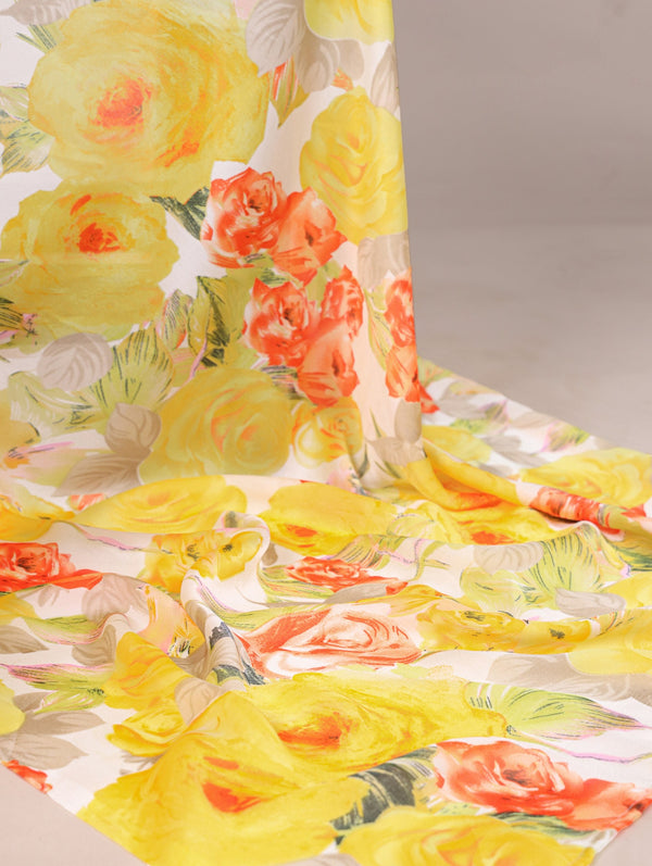 Yellow Elegant Floral Printed Dull Satin Saree with Moonga Silk Blouse ClothsVilla