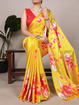 Yellow Elegant Floral Printed Satin Silk Saree with Mono Benglory Blouse Piece ClothsVilla