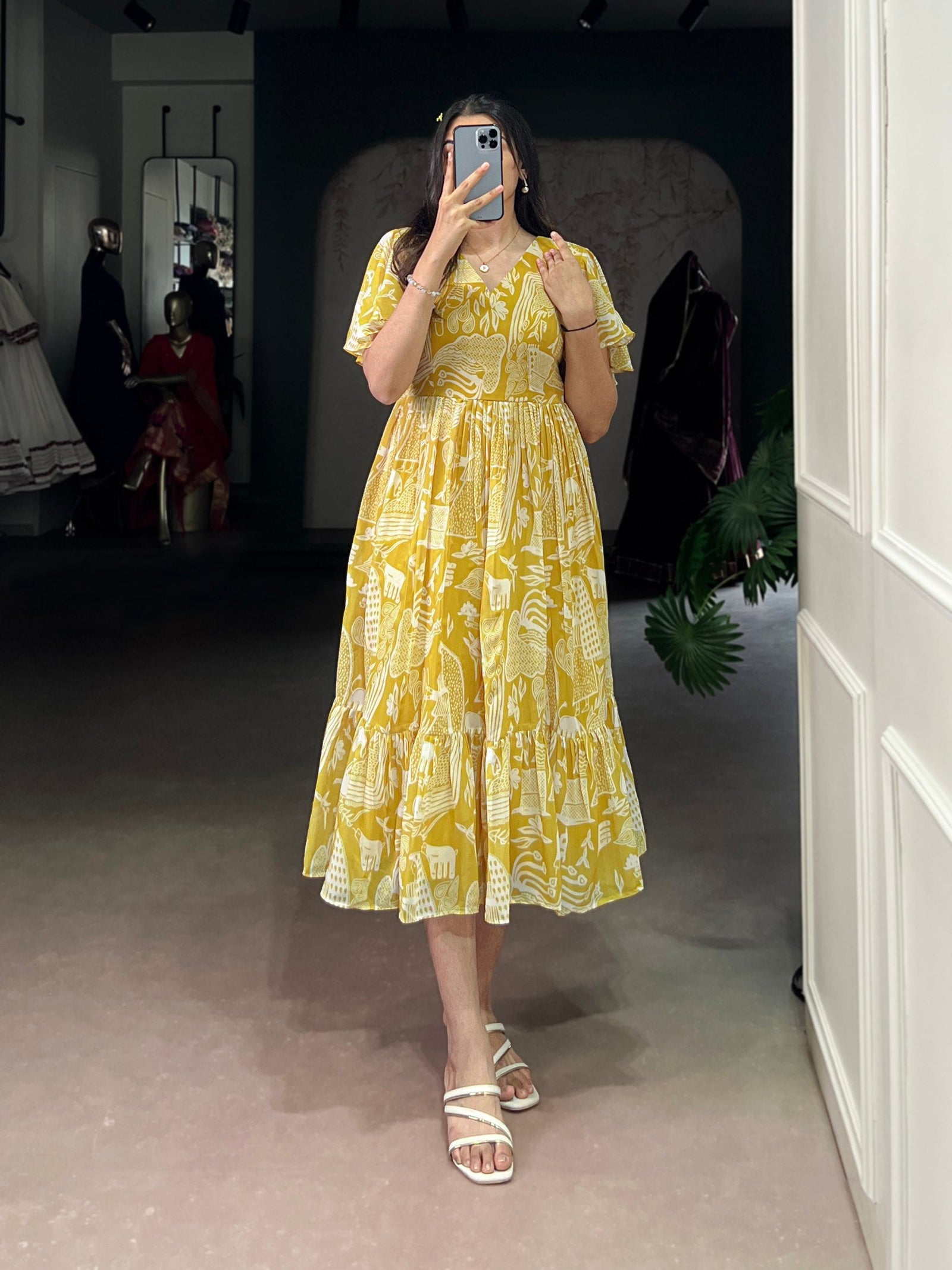 Yellow Elegant Georgette Printed Frock with  Flair & Micro Crepe Lining ClothsVilla