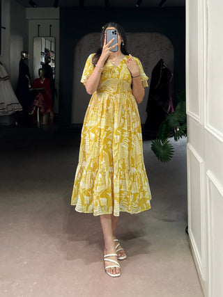 Yellow Elegant Georgette Printed Frock with  Flair & Micro Crepe Lining ClothsVilla