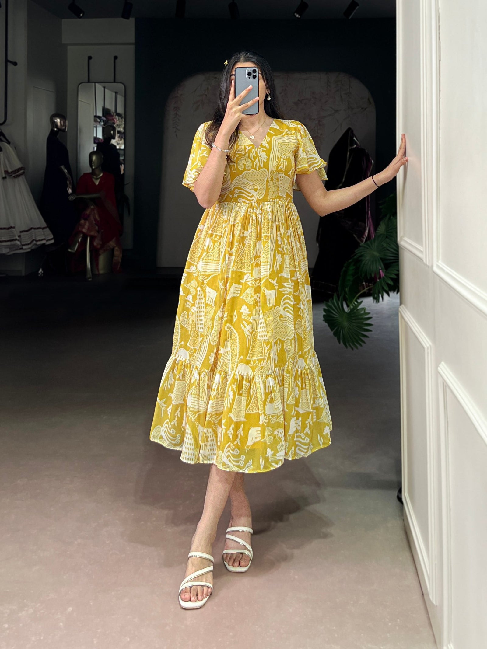 Yellow Elegant Georgette Printed Frock with  Flair & Micro Crepe Lining ClothsVilla