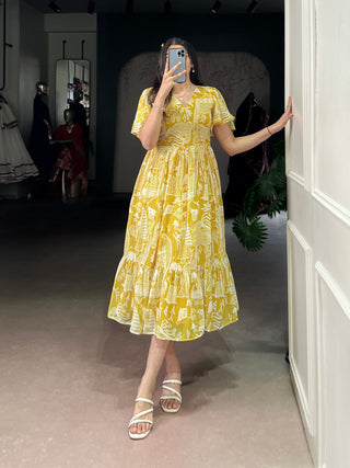 Yellow Elegant Georgette Printed Frock with  Flair & Micro Crepe Lining ClothsVilla