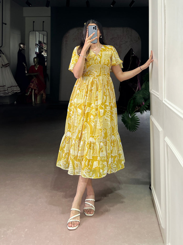 Yellow Elegant Georgette Printed Frock with  Flair & Micro Crepe Lining ClothsVilla