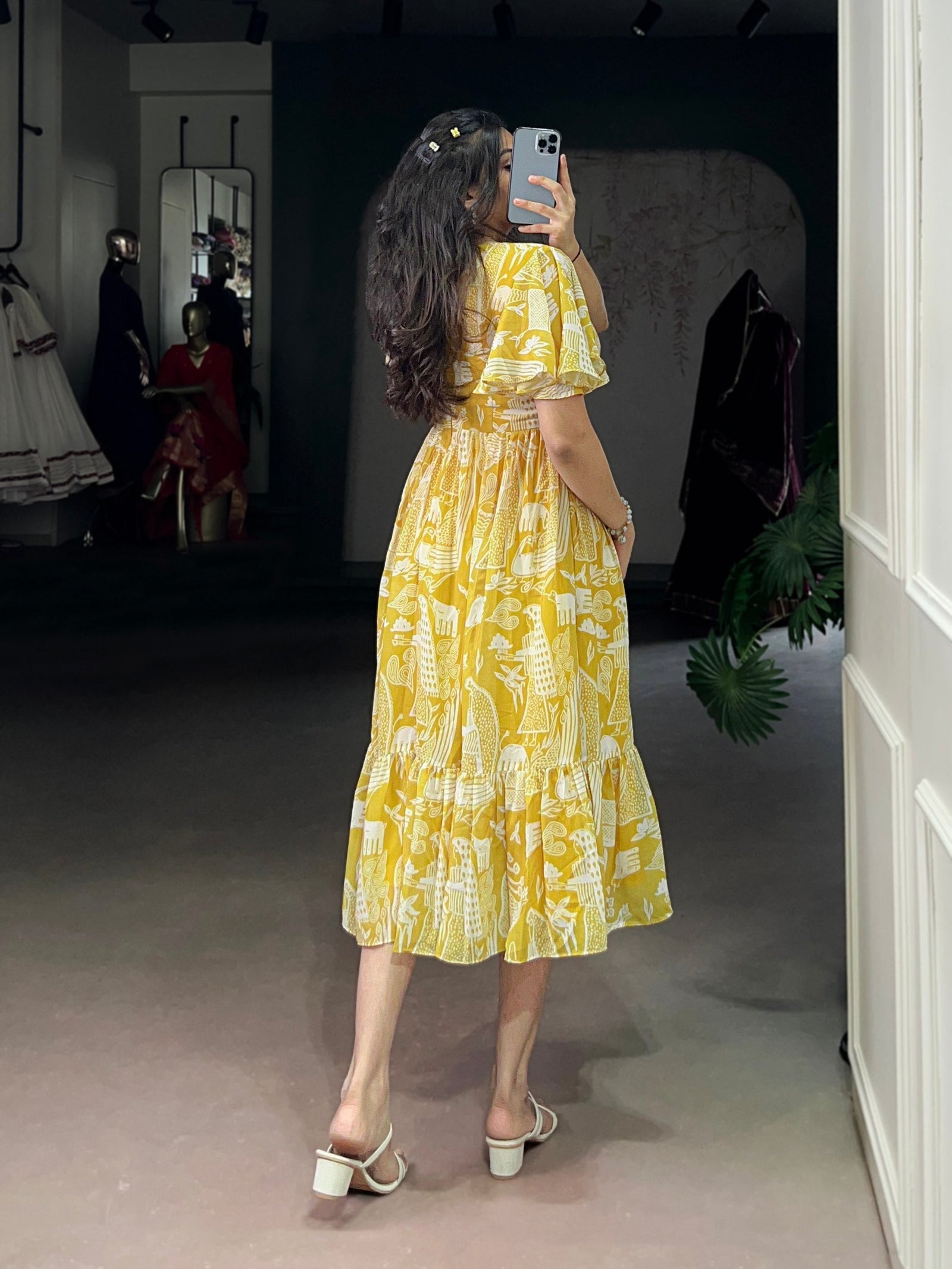 Yellow Elegant Georgette Printed Frock with  Flair & Micro Crepe Lining ClothsVilla