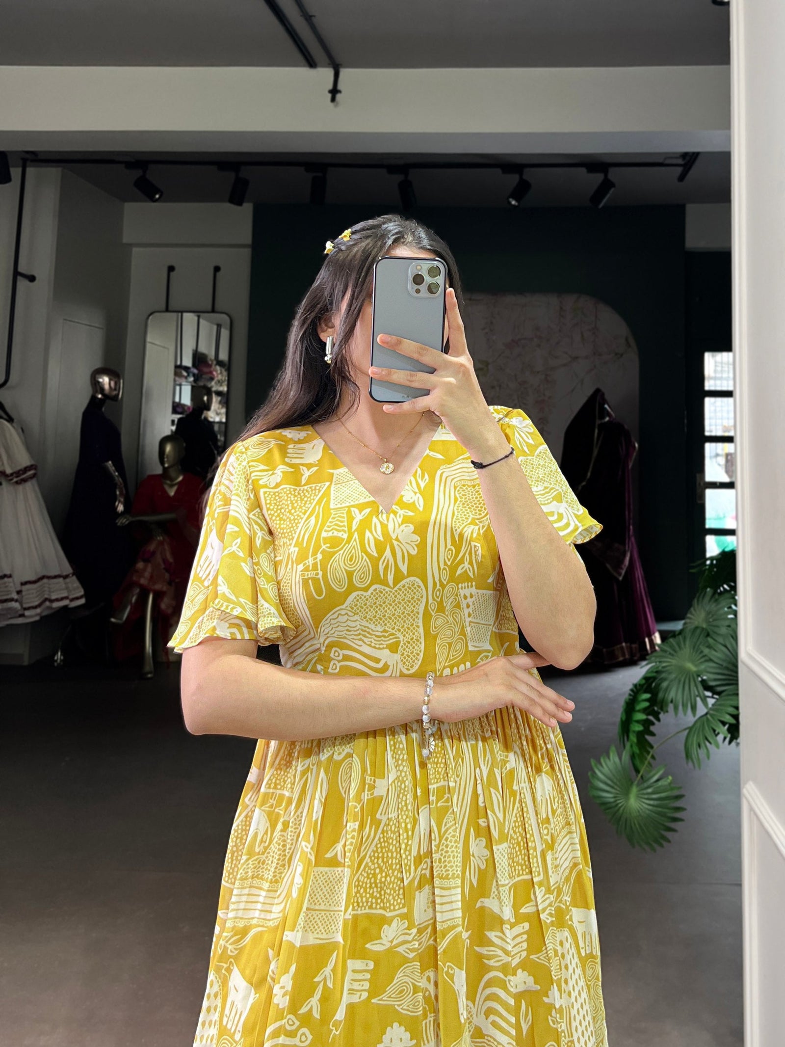 Yellow Elegant Georgette Printed Frock with  Flair & Micro Crepe Lining ClothsVilla