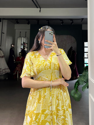 Yellow Elegant Georgette Printed Frock with  Flair & Micro Crepe Lining ClothsVilla