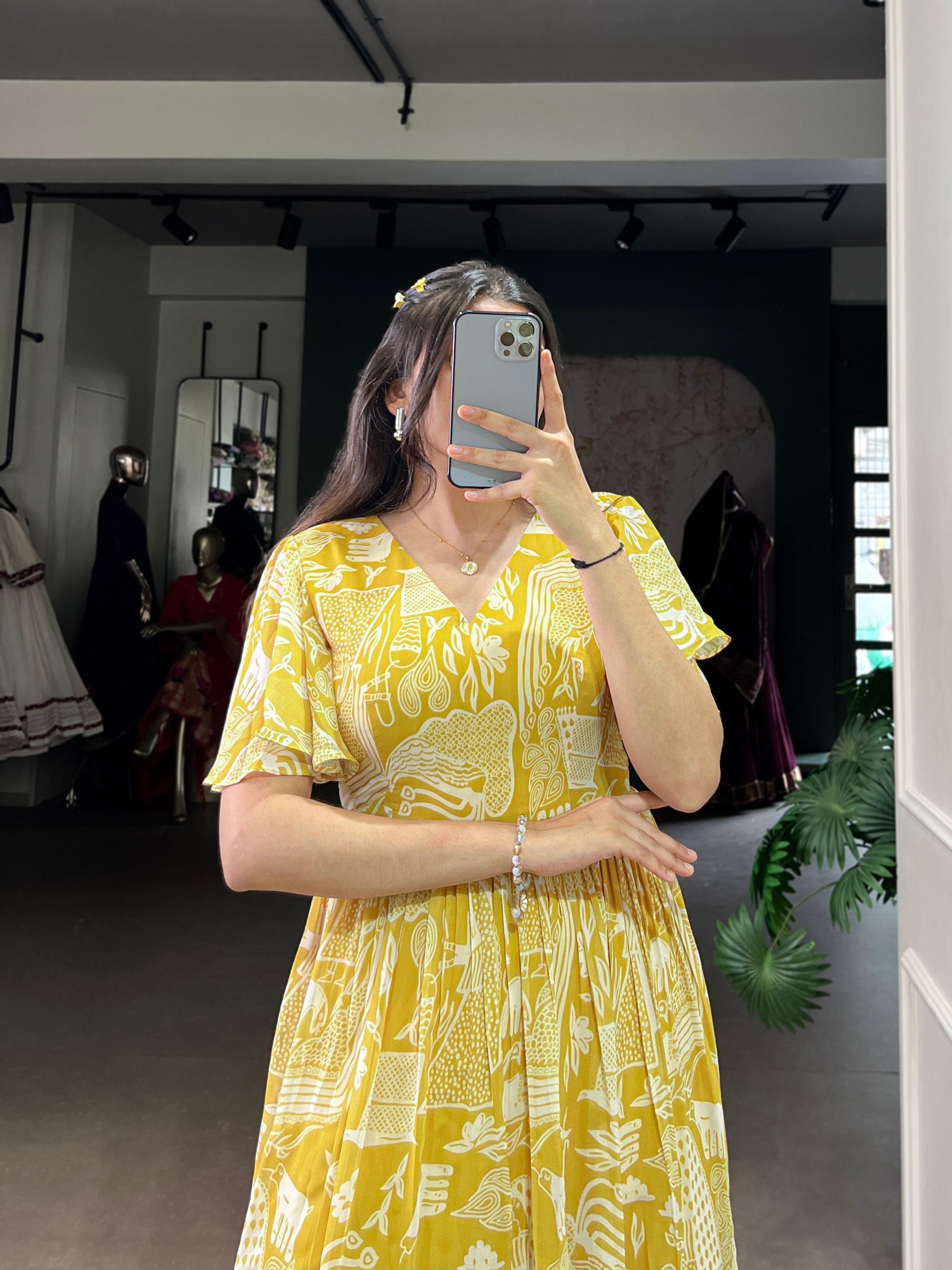 Yellow Elegant Georgette Printed Frock with  Flair & Micro Crepe Lining ClothsVilla