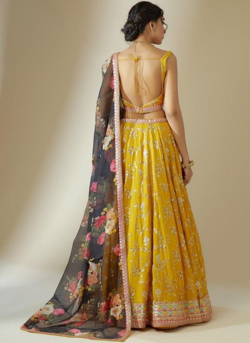 Yellow Elegant Georgette Semi-Stitched Lehenga with Zari & Sequins Embroidery, Organza Printed Dupatta, and Unstitched Blouse ClothsVilla