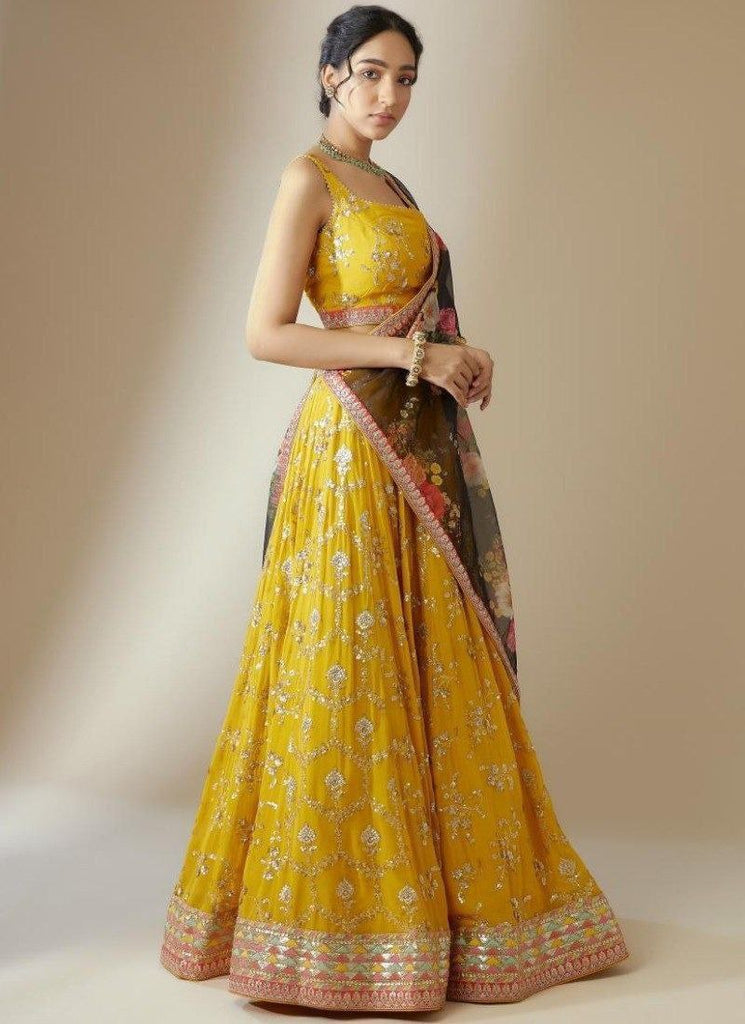Yellow Elegant Georgette Semi-Stitched Lehenga with Zari & Sequins Embroidery, Organza Printed Dupatta, and Unstitched Blouse ClothsVilla