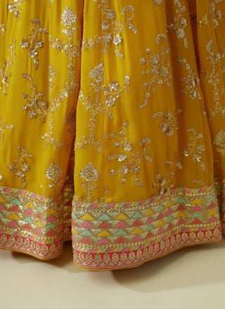 Yellow Elegant Georgette Semi-Stitched Lehenga with Zari & Sequins Embroidery, Organza Printed Dupatta, and Unstitched Blouse ClothsVilla