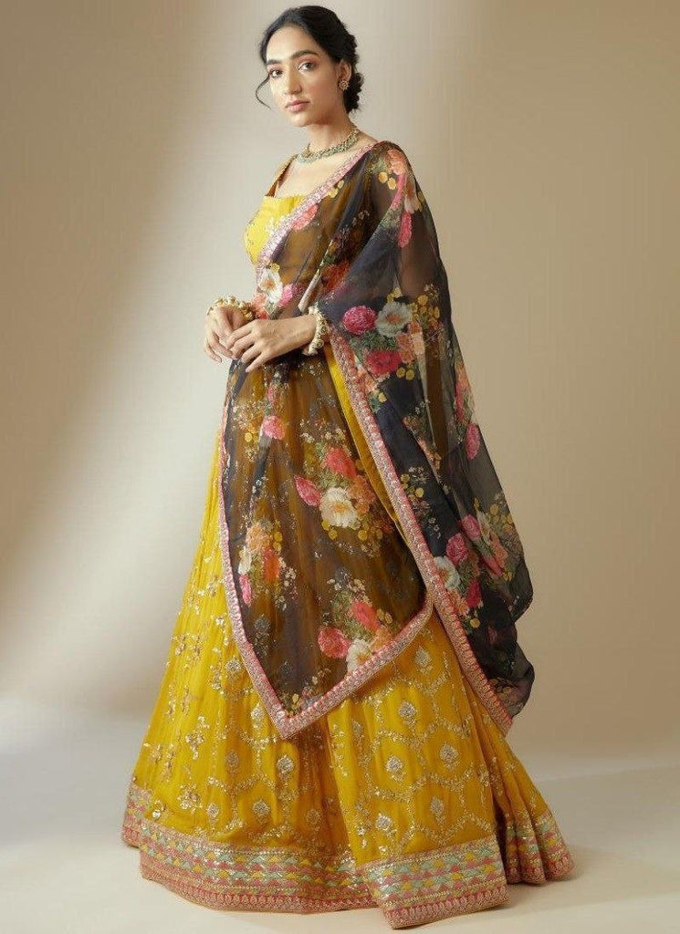 Yellow Elegant Georgette Semi-Stitched Lehenga with Zari & Sequins Embroidery, Organza Printed Dupatta, and Unstitched Blouse ClothsVilla