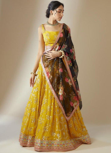 Yellow Elegant Georgette Semi-Stitched Lehenga with Zari & Sequins Embroidery, Organza Printed Dupatta, and Unstitched Blouse ClothsVilla