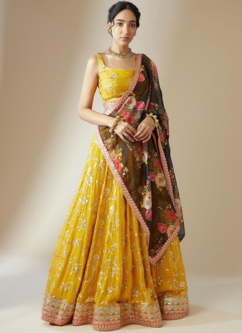 Yellow Elegant Georgette Semi-Stitched Lehenga with Zari & Sequins Embroidery, Organza Printed Dupatta, and Unstitched Blouse ClothsVilla