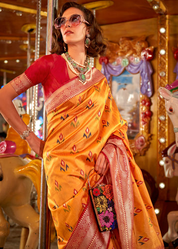 Yellow Elegant Handloom Banarasi Silk Blend Saree with Woven Work & Blouse Piece ClothsVilla