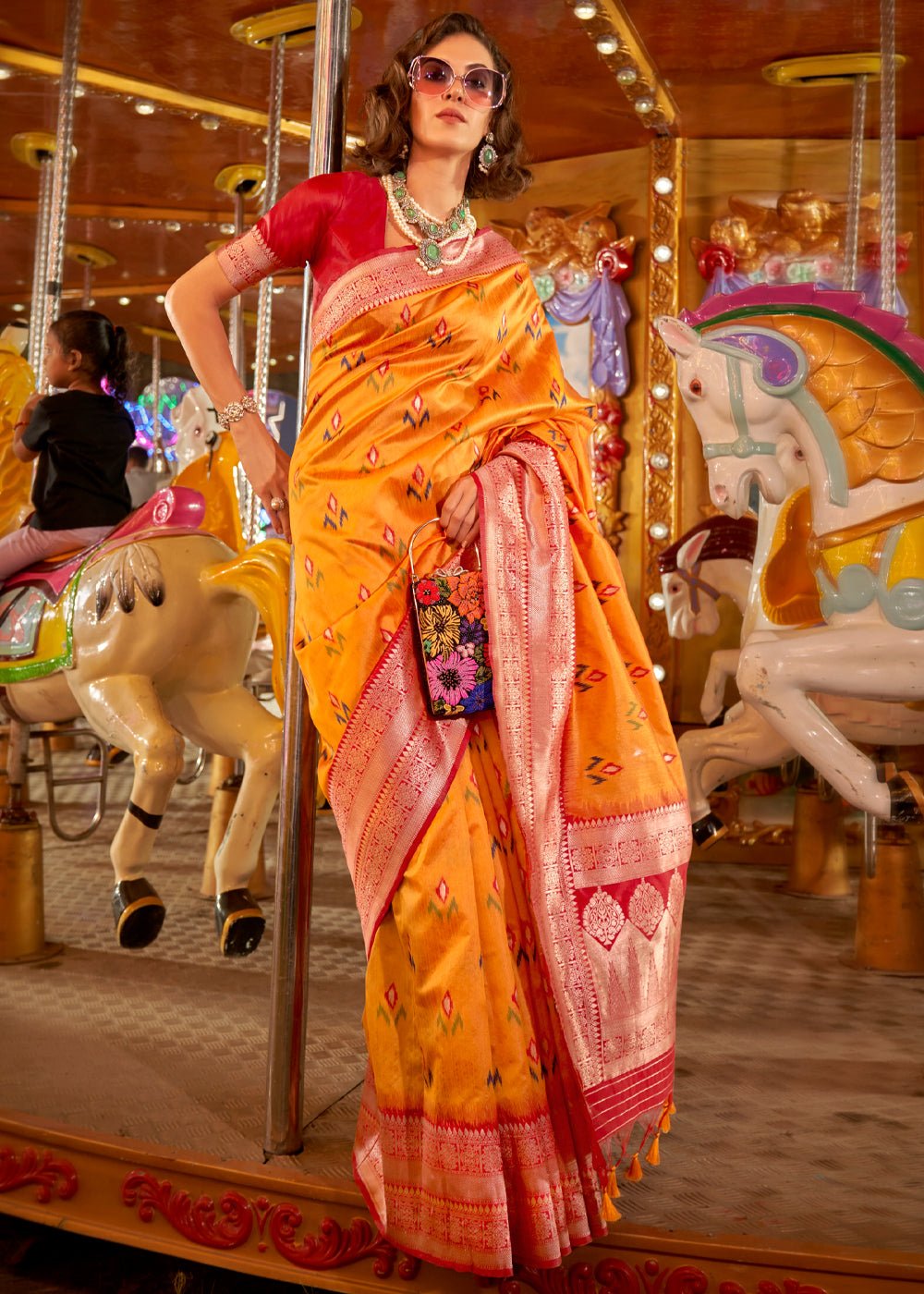 Yellow Elegant Handloom Banarasi Silk Blend Saree with Woven Work & Blouse Piece ClothsVilla Main image