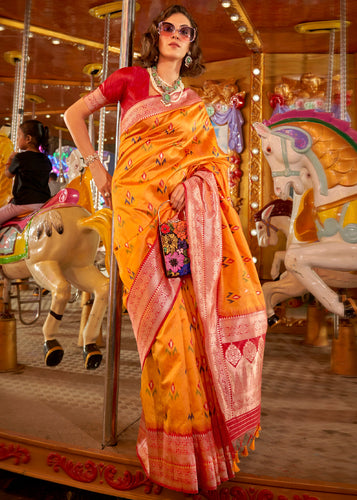 Yellow Elegant Handloom Banarasi Silk Blend Saree with Woven Work & Blouse Piece ClothsVilla