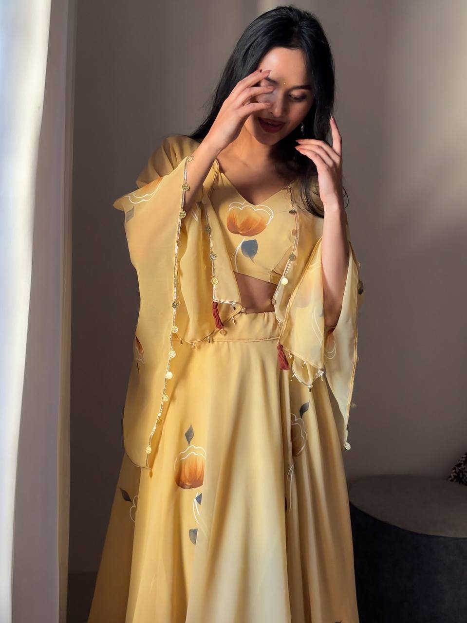 Yellow Elegant Handpainted Georgette Lehenga Set with Designer Jacket & Padded Blouse ClothsVilla
