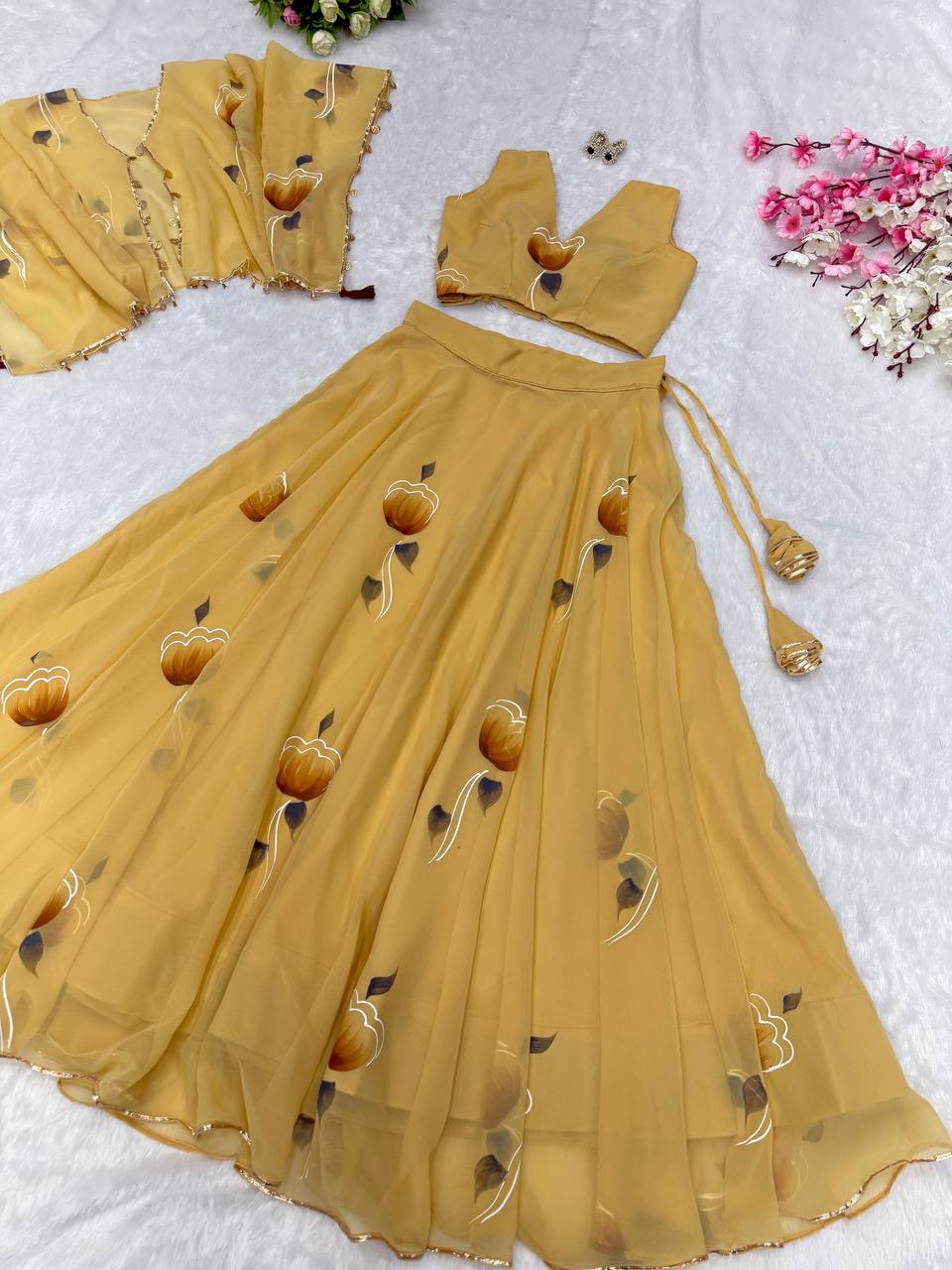 Yellow Elegant Handpainted Georgette Lehenga Set with Designer Jacket & Padded Blouse ClothsVilla