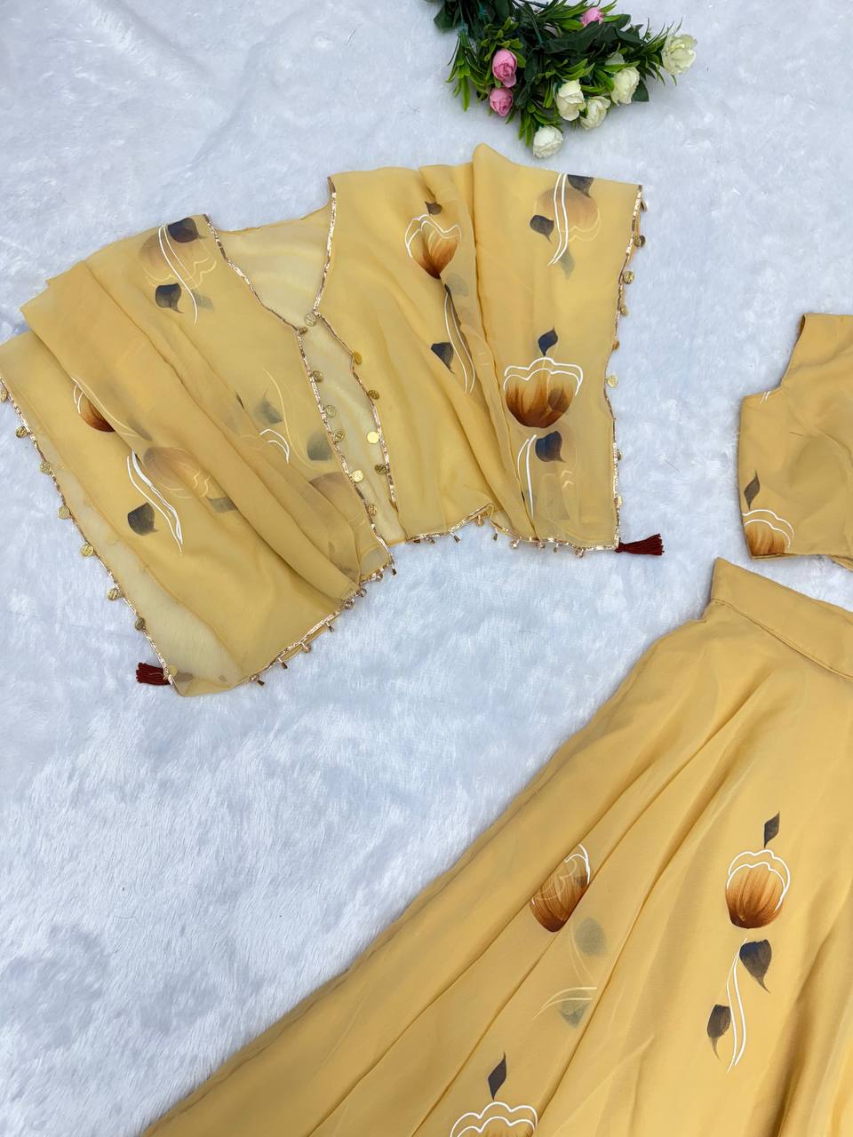 Yellow Elegant Handpainted Georgette Lehenga Set with Designer Jacket & Padded Blouse ClothsVilla