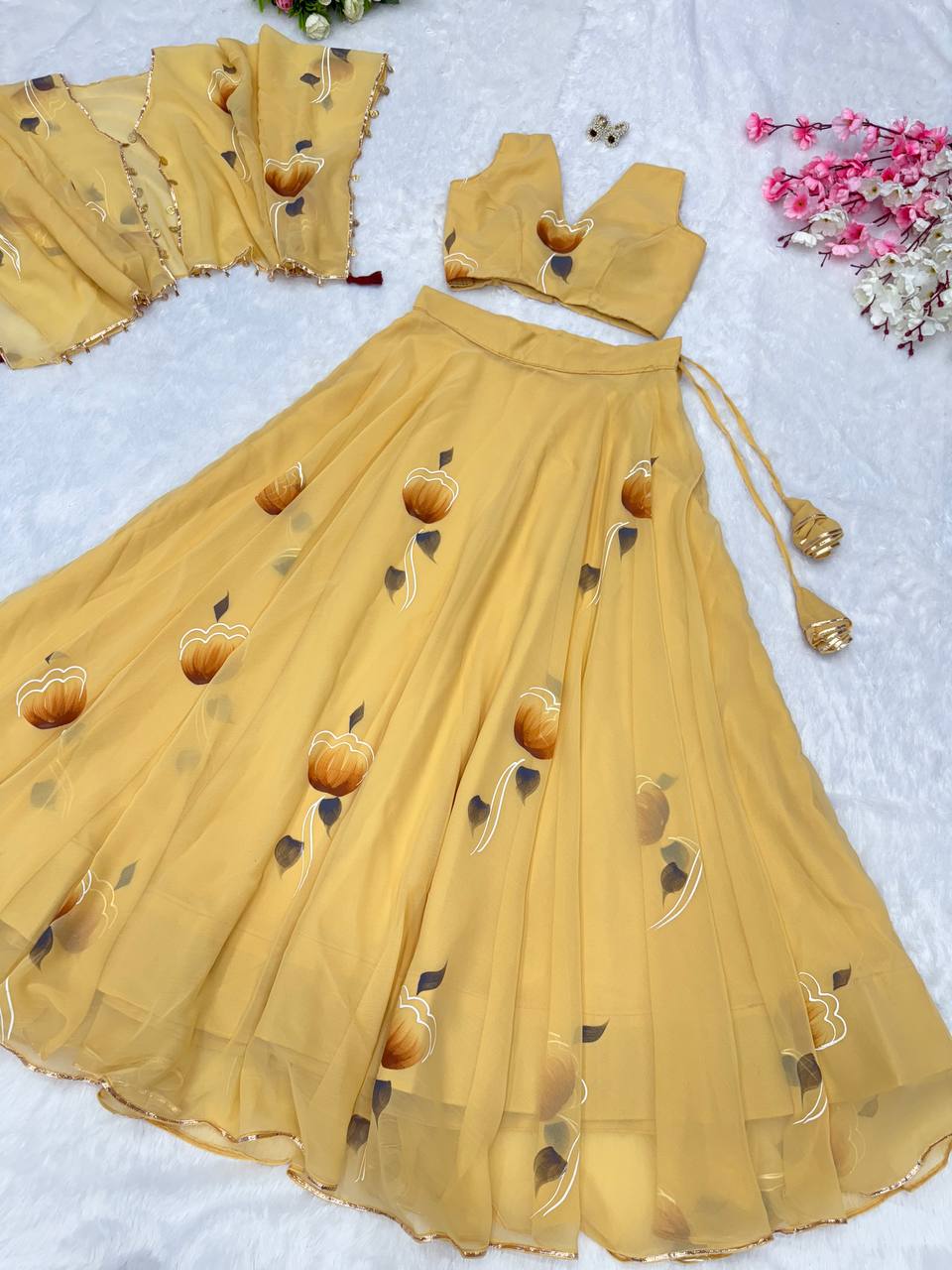 Yellow Elegant Handpainted Georgette Lehenga Set with Designer Jacket & Padded Blouse ClothsVilla