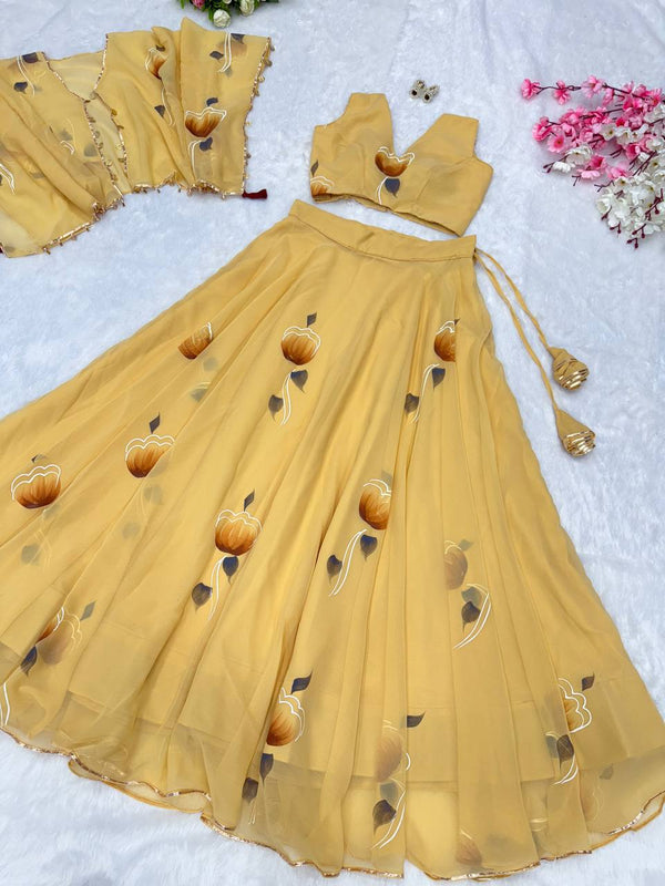 Yellow Elegant Handpainted Georgette Lehenga Set with Designer Jacket & Padded Blouse ClothsVilla
