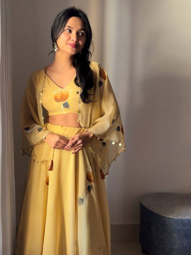 Yellow Elegant Handpainted Georgette Lehenga Set with Designer Jacket & Padded Blouse ClothsVilla