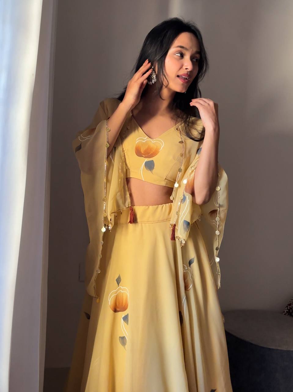 Yellow Elegant Handpainted Georgette Lehenga Set with Designer Jacket & Padded Blouse ClothsVilla