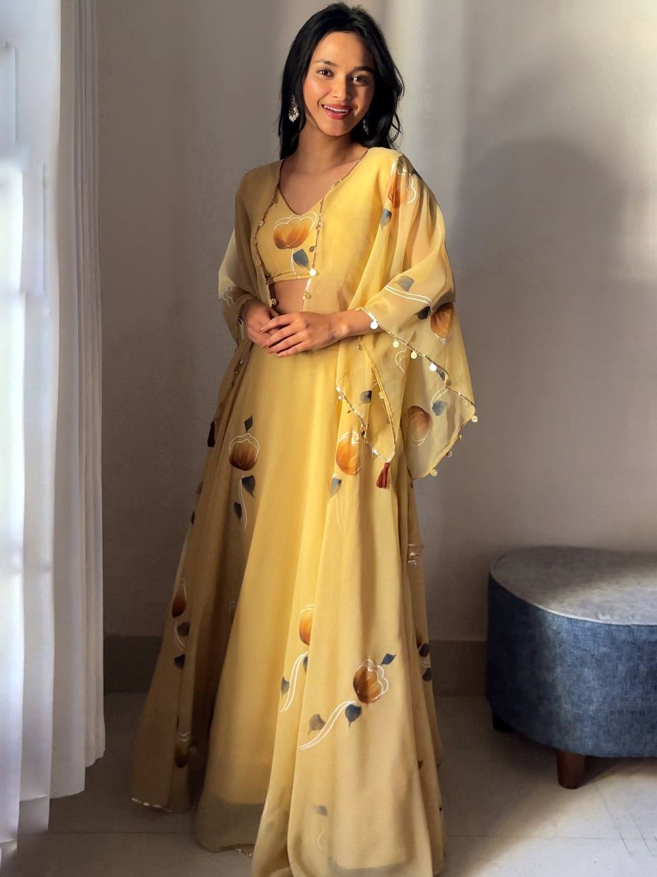 Yellow Elegant Handpainted Georgette Lehenga Set with Designer Jacket & Padded Blouse ClothsVilla