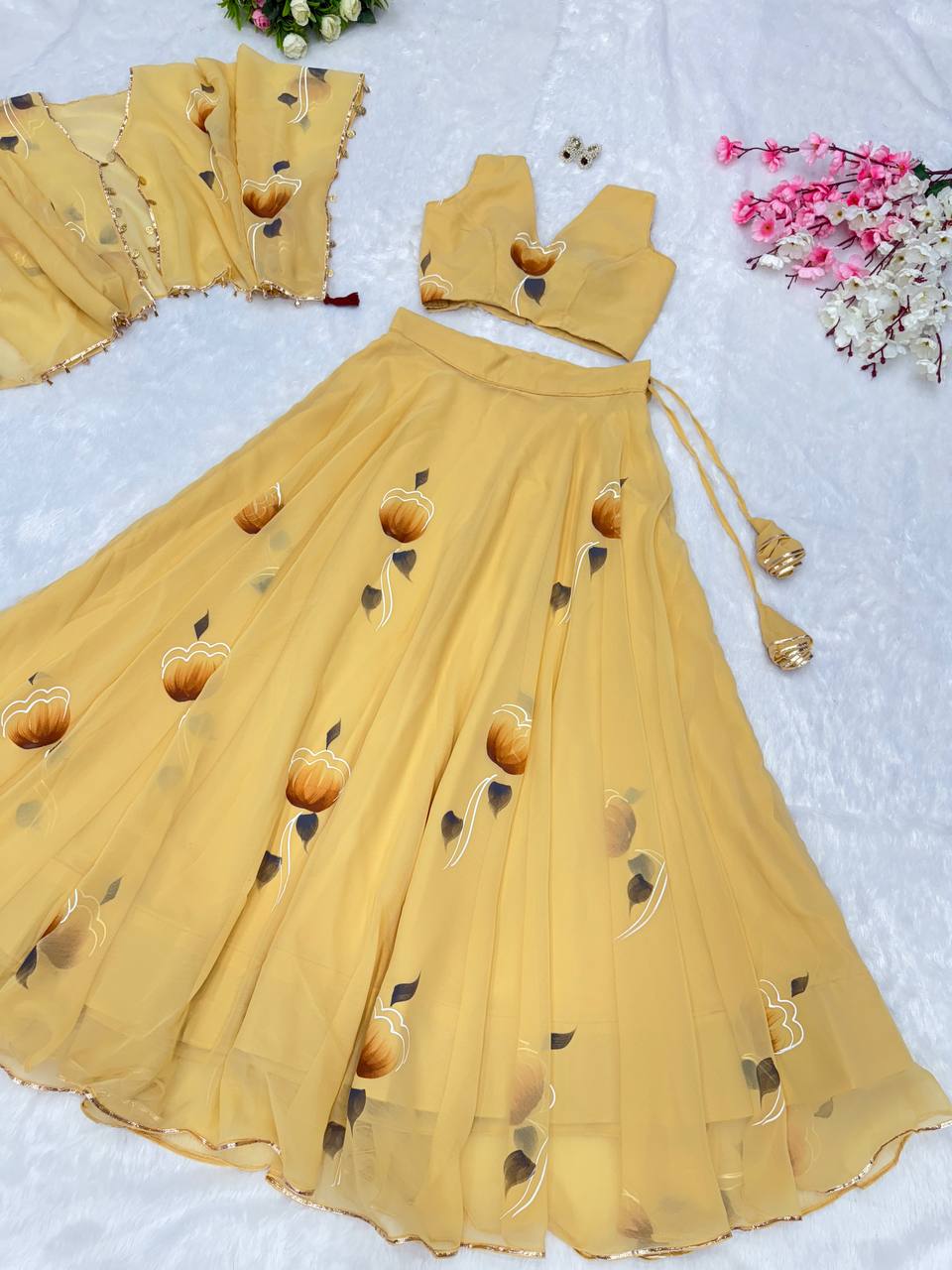 Yellow Elegant Handpainted Georgette Lehenga Set with Designer Jacket & Padded Blouse ClothsVilla