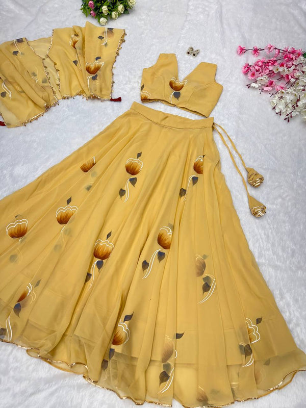 Yellow Elegant Handpainted Georgette Lehenga Set with Designer Jacket & Padded Blouse ClothsVilla
