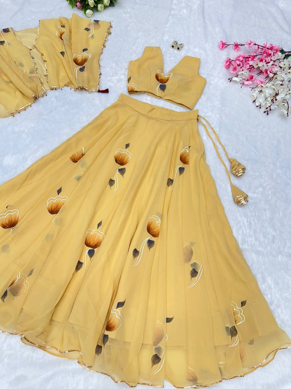 Yellow Elegant Handpainted Georgette Lehenga Set with Designer Jacket & Padded Blouse ClothsVilla
